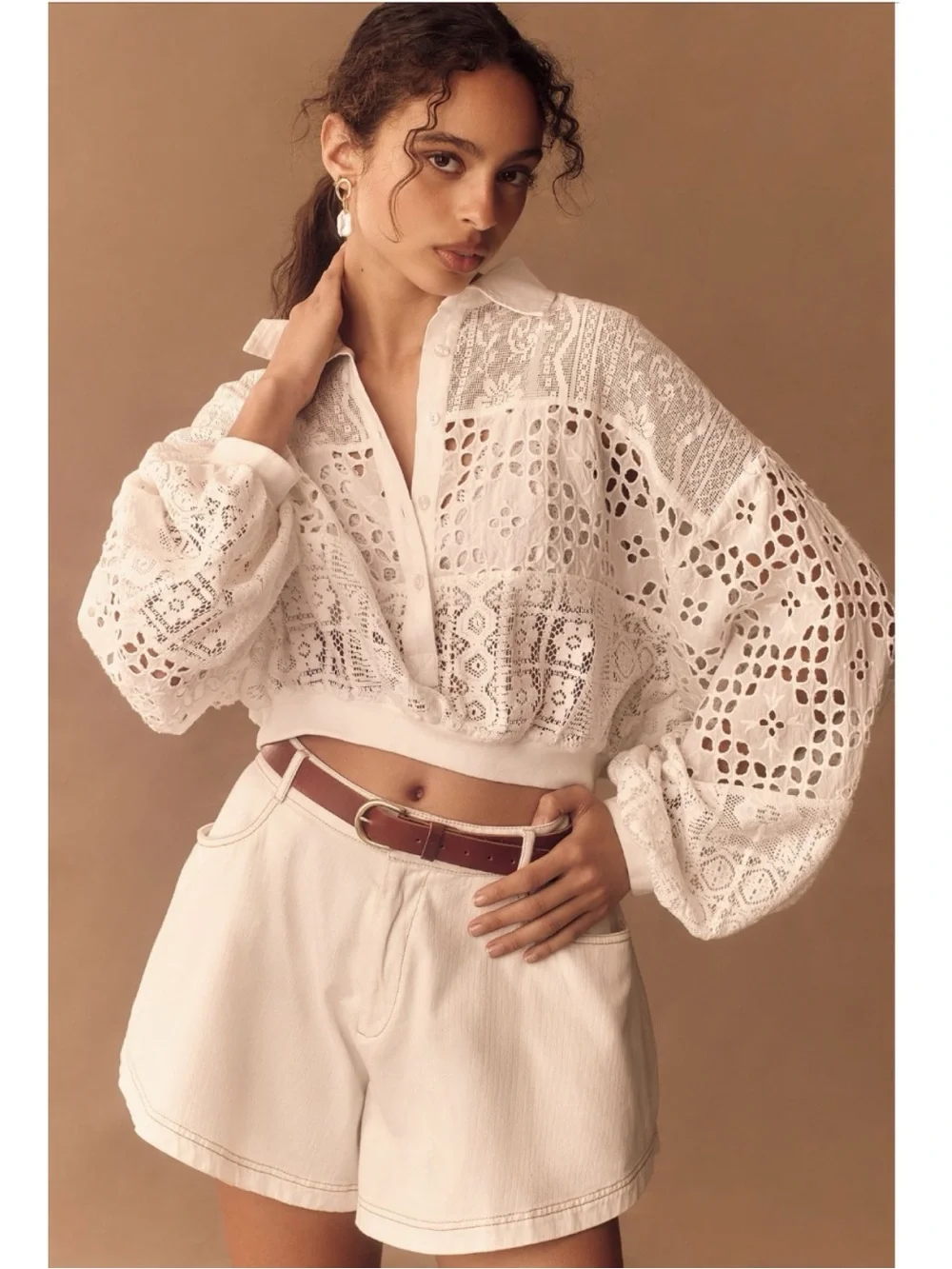 Anthropologie White Eyelet Cropped Button-Front Top
